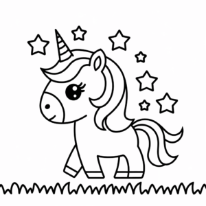 Ausmalbild Baby Einhorn und Sterne