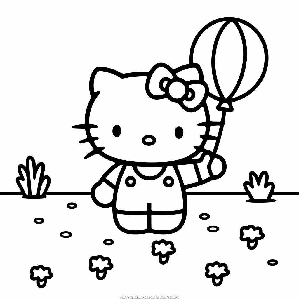 Ausmalbild Hello Kitty hält Ballon