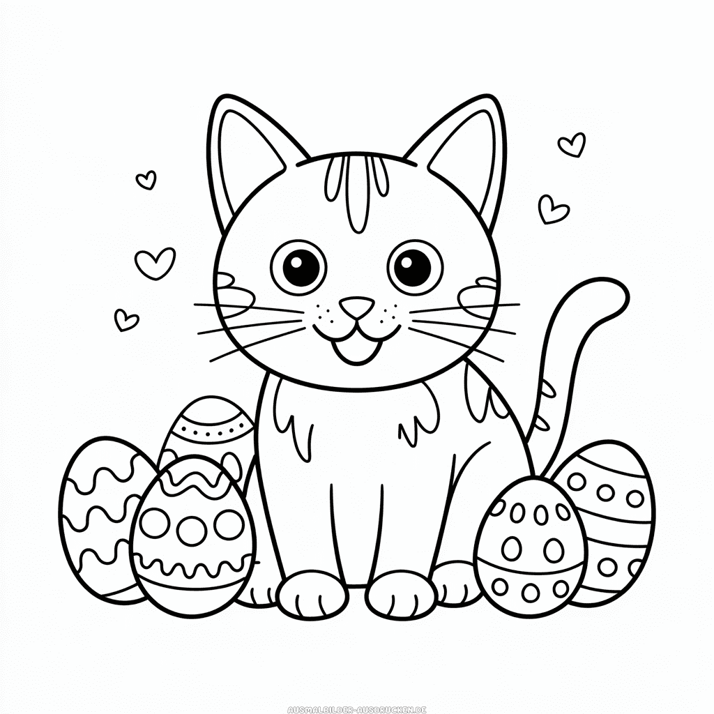 Ausmalbild Katze mit Ostereiern