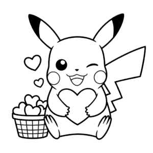 Ausmalbild Pikachu und Herzen