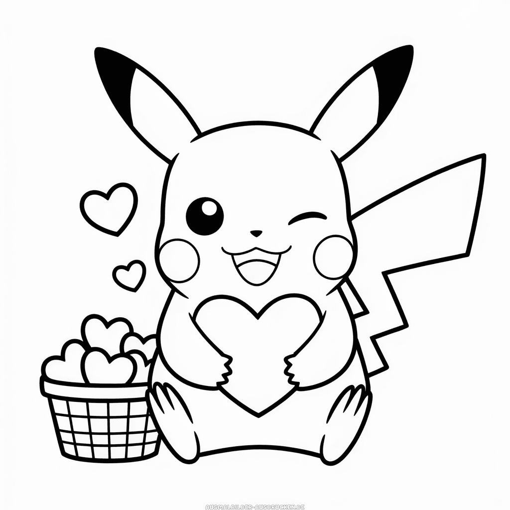 Ausmalbild Pikachu und Herzen