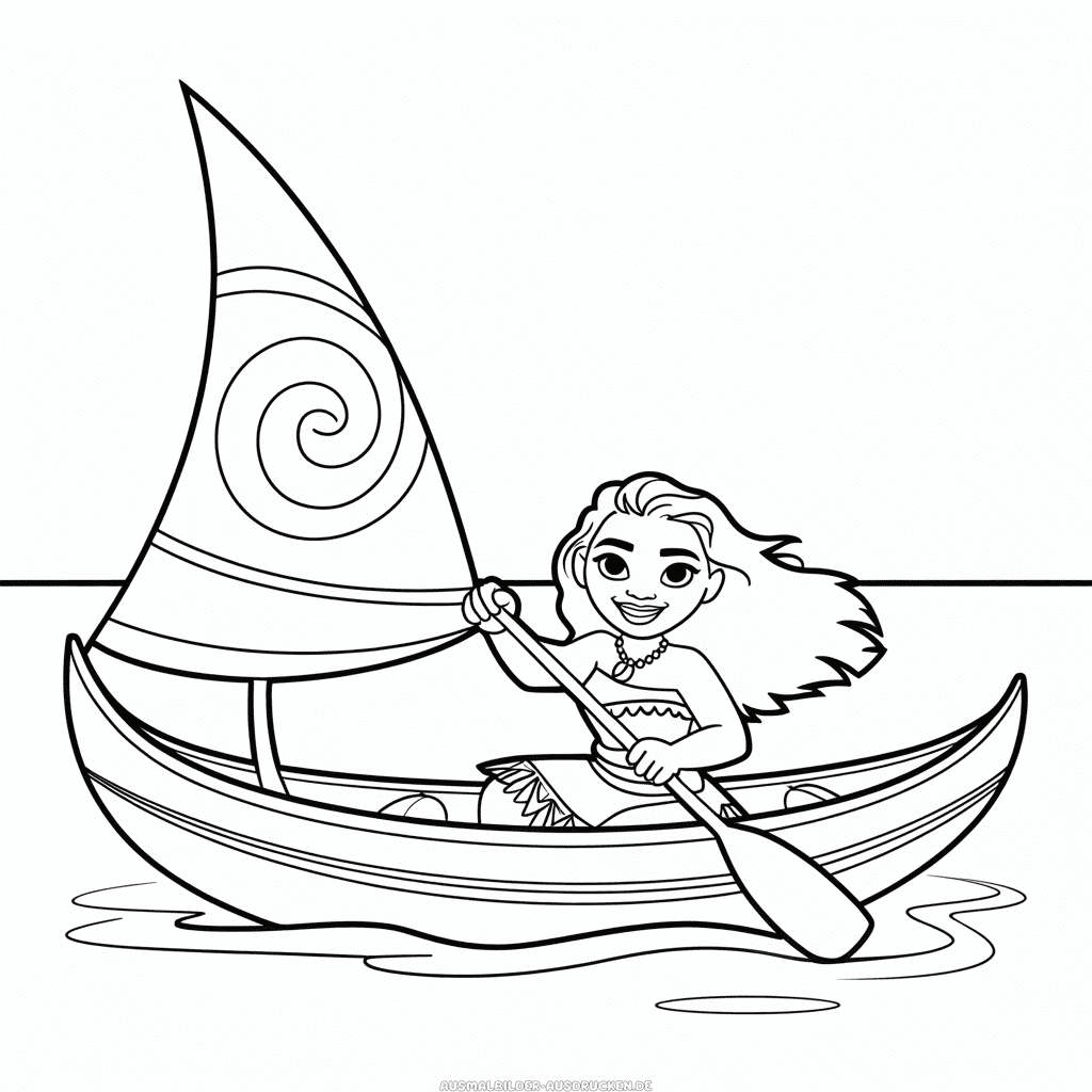 Ausmalbild Vaiana im Boot