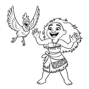 Ausmalbild Vaiana und Huhn