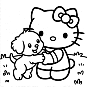 Ausmalbild Hello Kitty mit Welpe