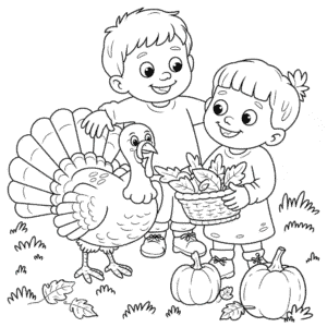 Ausmalbild Kinder mit Truthahn