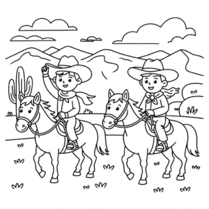 Ausmalbild Zwei Cowboys Reiten Pferde