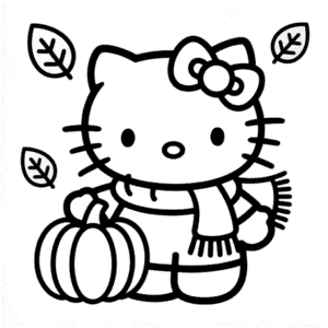 Ausmalbild Hello Kitty im Herbst