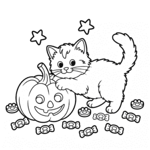 Ausmalbild Katze und Halloween-Kürbis