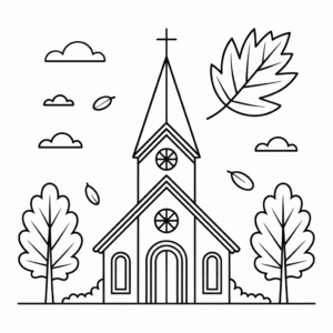 Ausmalbild Kirche im Herbst