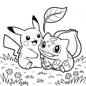 Ausmalbild Pikachu und Bisasam Pokémon